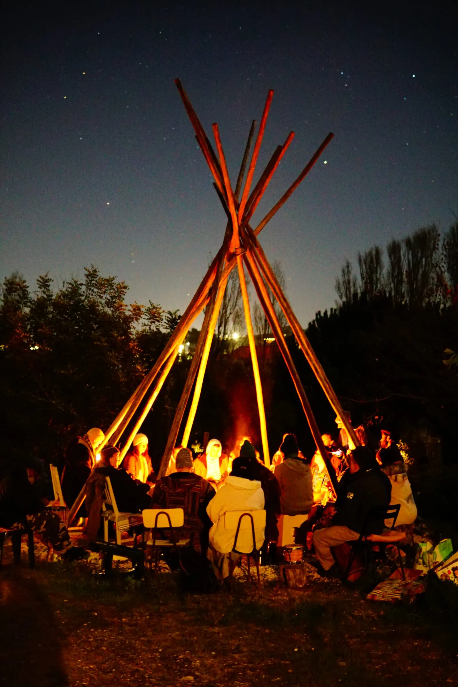 A fire under the tipi at Zee Barn